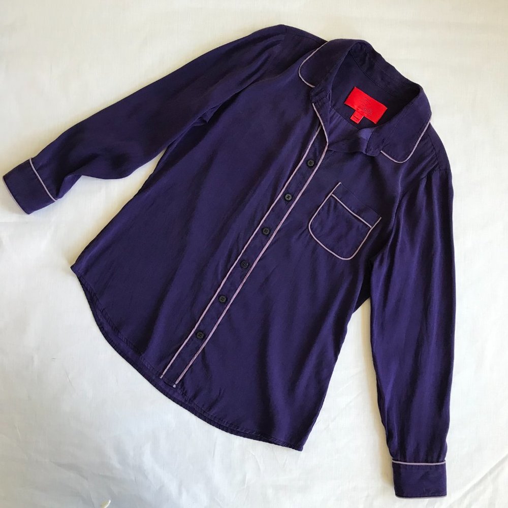 Y2K Vntg Zac Posen Z Spoke 10 Stretch Silk Purple Blouse Peter Pan Collar Piping - Picture 4 of 9